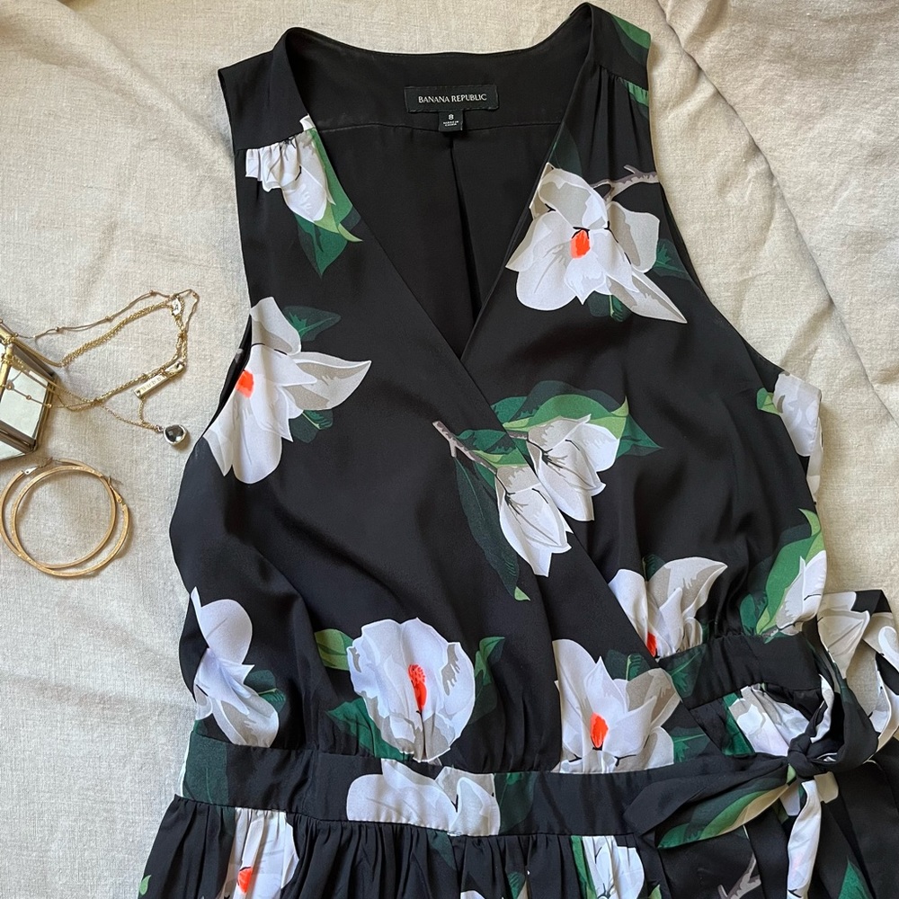 BANANA REPUBLIC Black Floral Midi Dress Spring Formal Dress